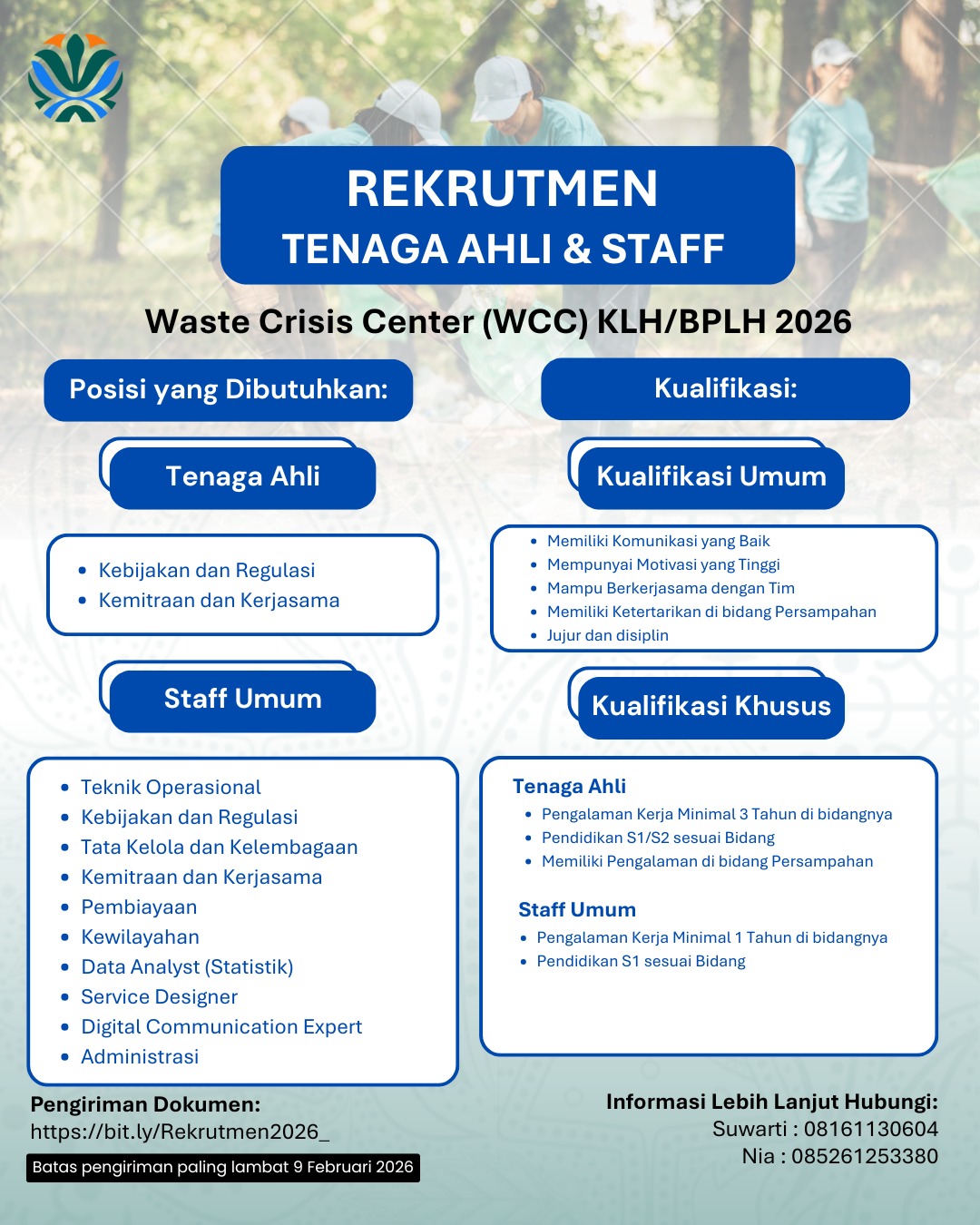 Rekrutmen Tenaga Ahli dan Staff Waste Crisis Center (WCC) KLH/BPLH Tahun 2026