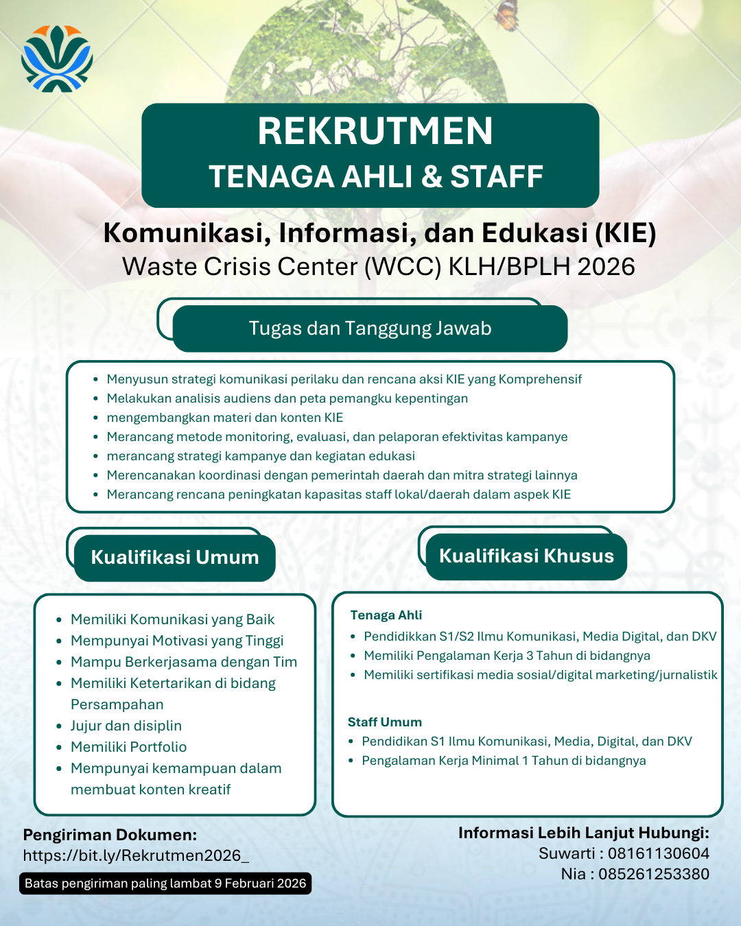 Rekrutmen Tenaga Ahli dan Staff Komunikasi, Informasi, dan Edukasi (KIE) Waste Crisis Center (WCC) KLH/BPLH Tahun 2026